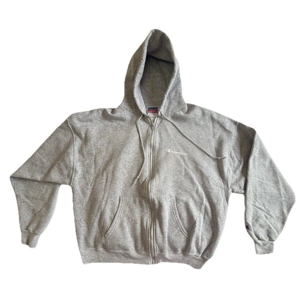 Champion Full Zip Hoodie Mens XL Gray Script Logo Sweatshirt Classic